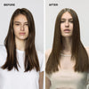 before/after image of a woman with long, straight brunette hair