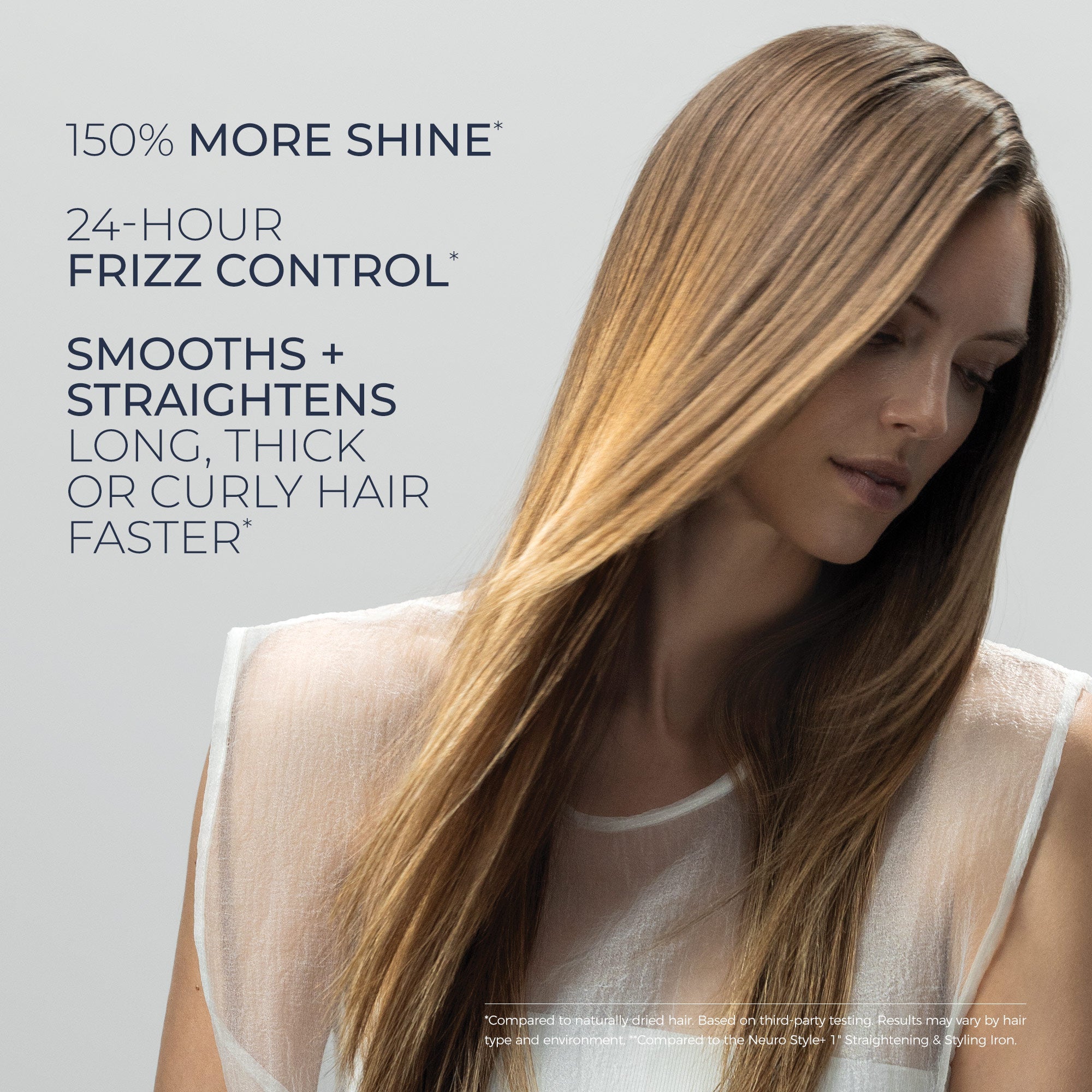 The Neuro Smooth+ 1.75" Ceramic Straightening & Styling Iron provides 150% more shine, 24-hour frizz control.