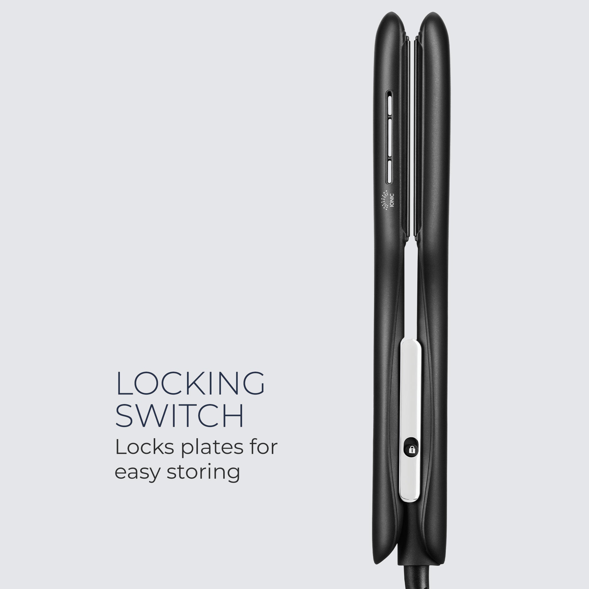 The Neuro Smooth+ 1.75" Ceramic Straightening & Styling Iron features a switch that locks plates for easy storage.