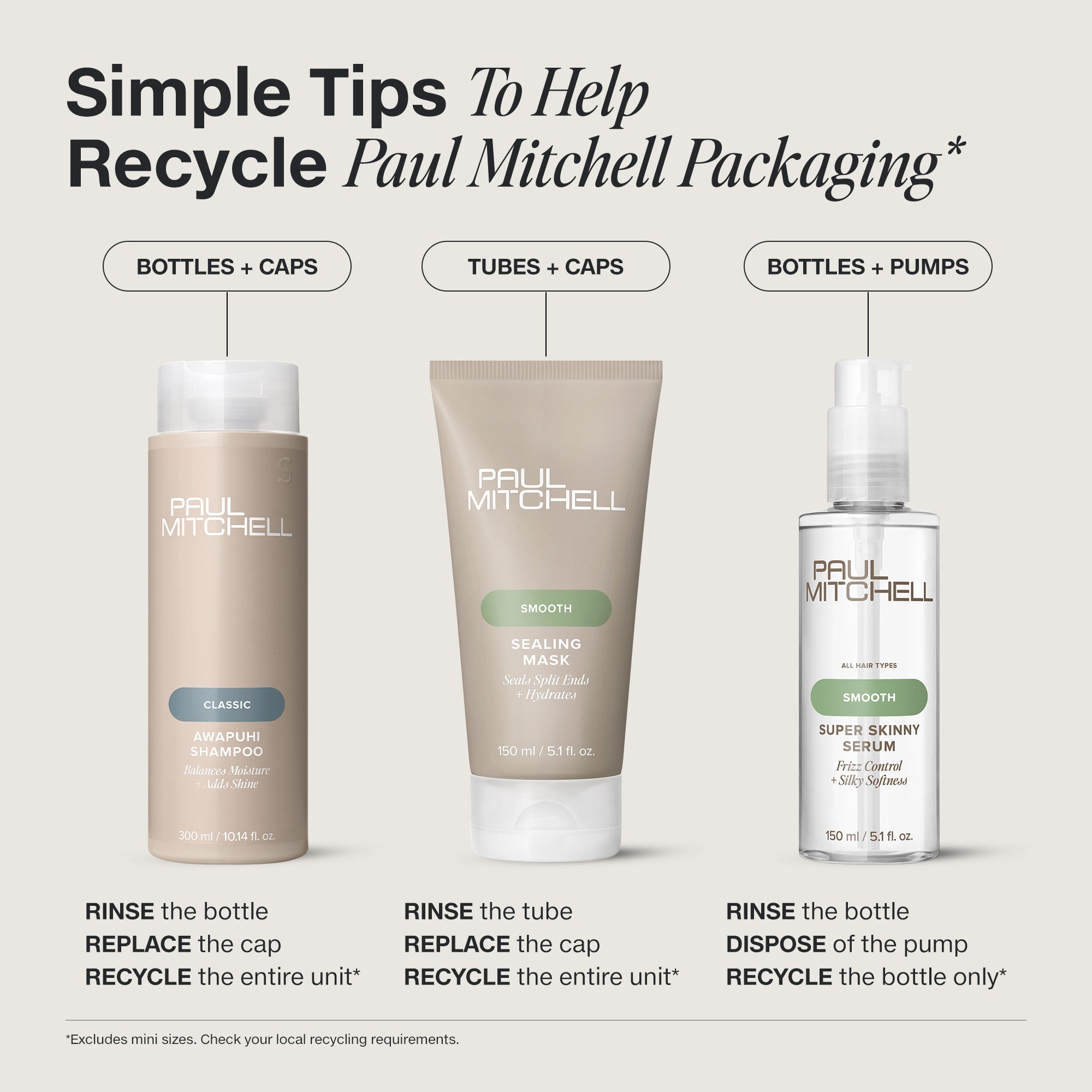 Rinse the bottle and dispose of the pump to recycle your Paul Mitchell bottles.