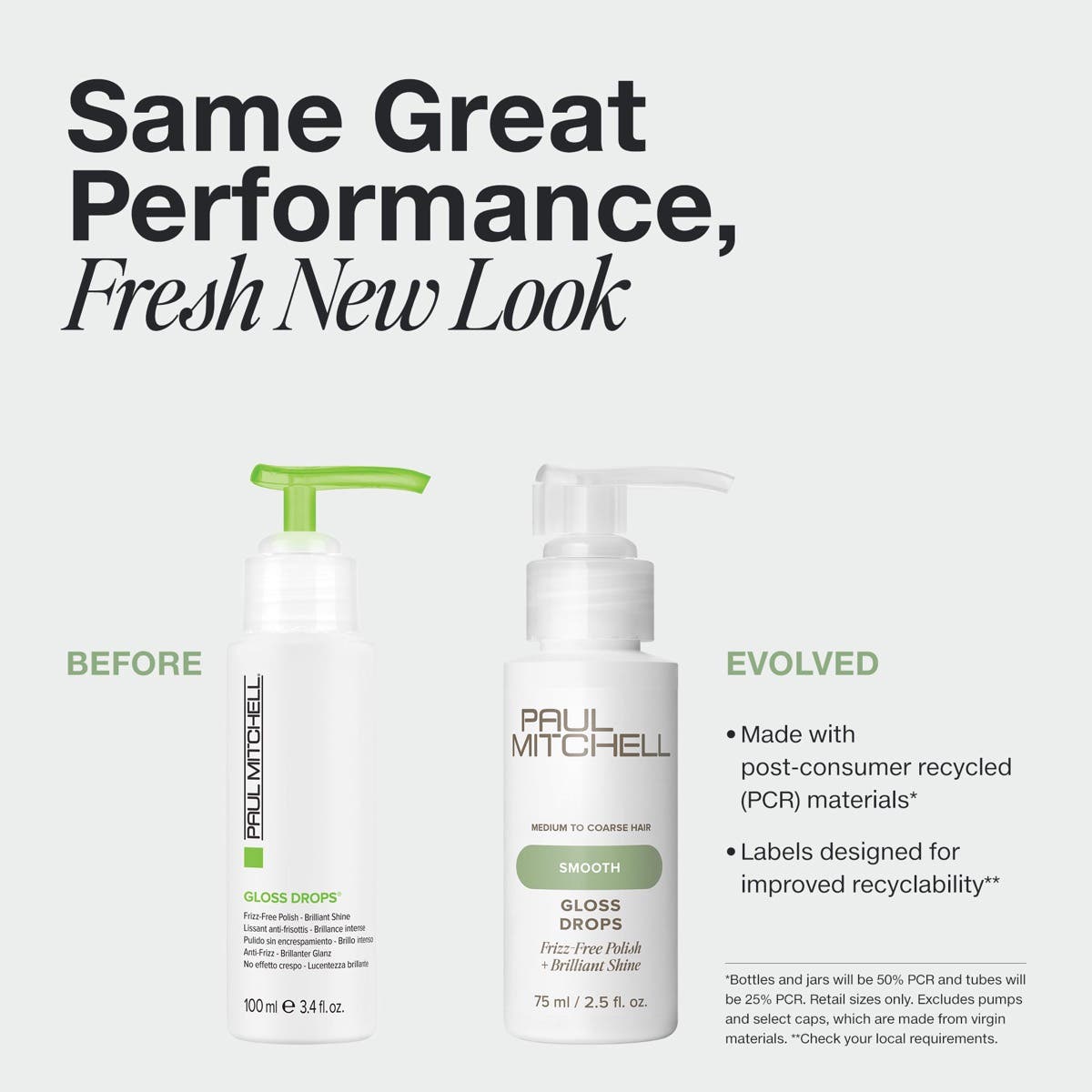 Paul Mitchell Gloss Drops in new PCR packaging with label designed for improved recyclability.