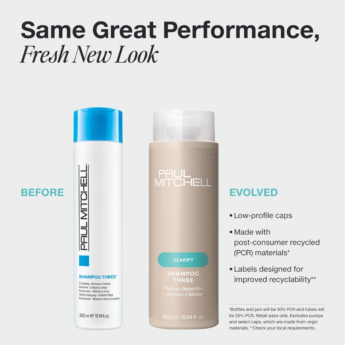 Paul Mitchell Shampoo Three in new PCR packaging with a low-profile cap.
