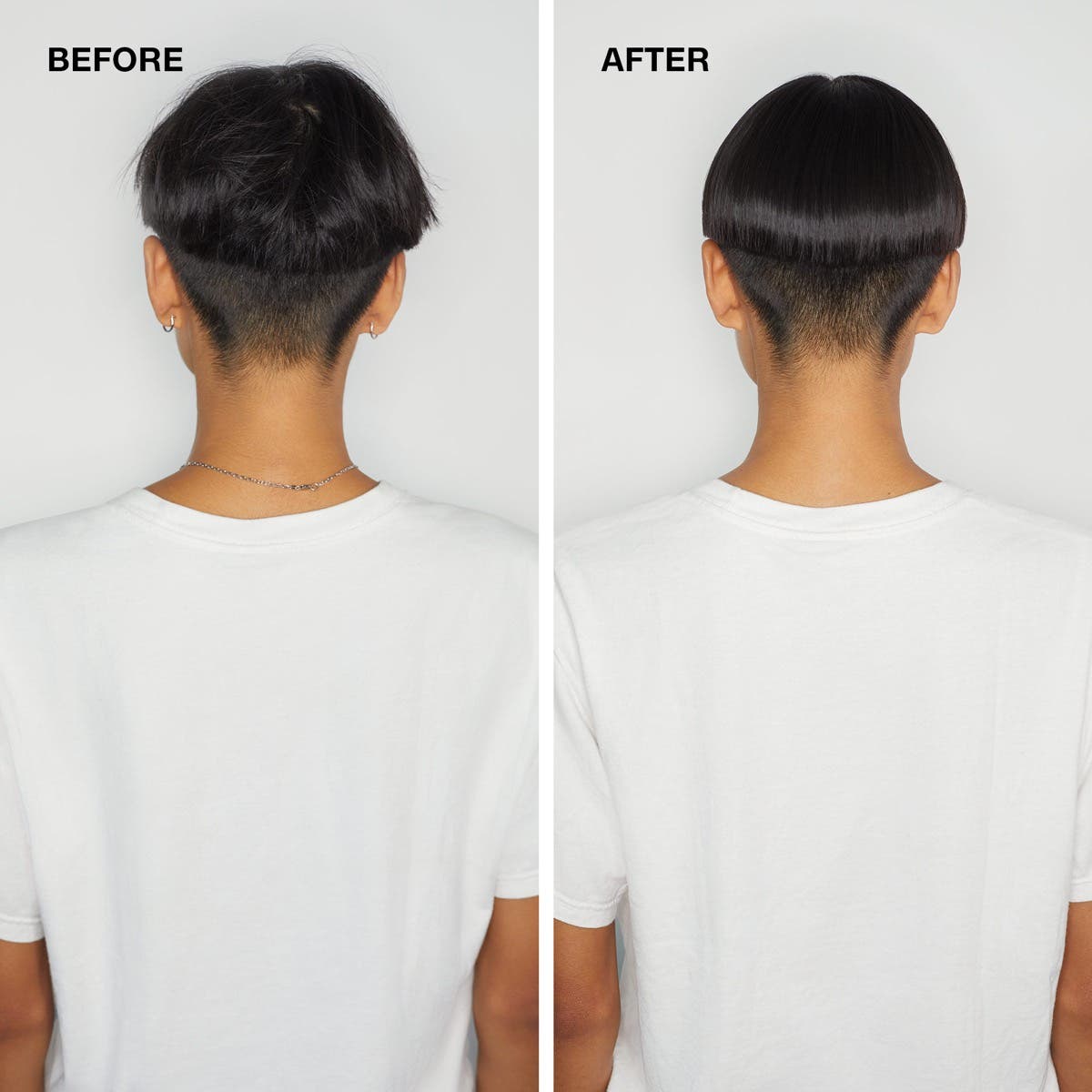 Before and after using Paul Mitchell Super Skinny Relaxing Balm for smoother