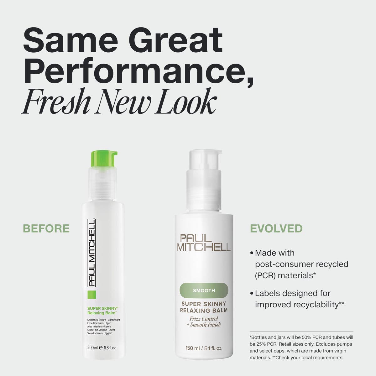 Paul Mitchell Super Skinny Relaxing Balm in new PCR packaging with label designed for improved recyclability.