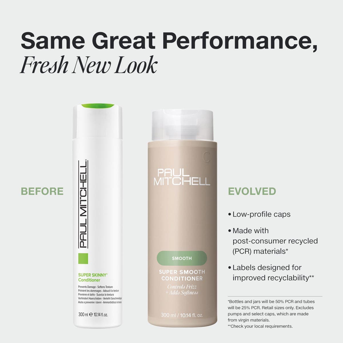 Paul Mitchell Super Skinny Conditioner is now Super Smooth Conditioner in new PCR packaging with a low-profile cap.